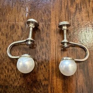 Vintage Screw Back Faux Pearl Earrings Silver Tone REPAIR